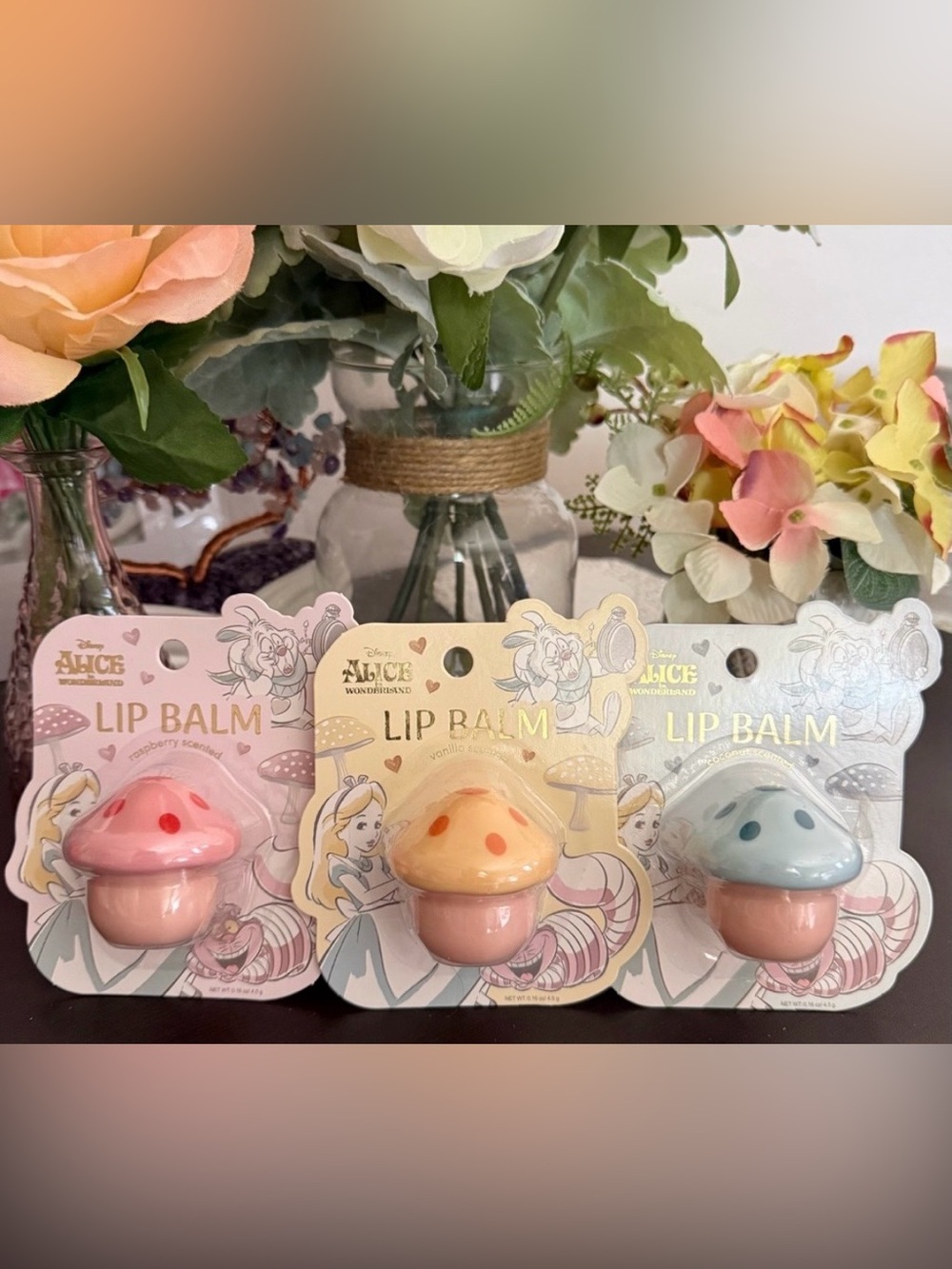 🆕🪷 DISNEY “ALICE IN WONDERLAND” LIP BALM TRIO. BRAND NEW FACTORY SEALED.